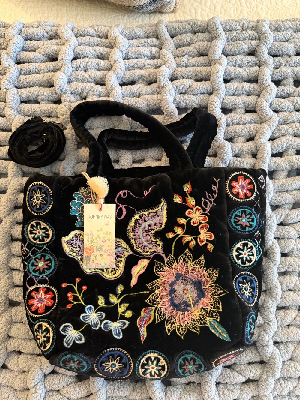 Johnny Was Black Velvet Multicolor Embroidered Tote